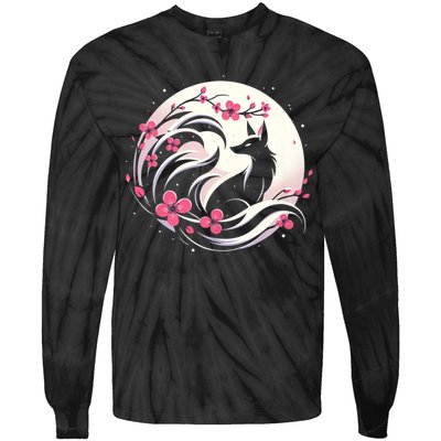 Kitsune Fox Cherry Blossom Flowers Japanese Nine Tailed Fox Tie-Dye Long Sleeve Shirt