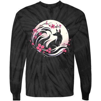 Kitsune Fox Cherry Blossom Flowers Japanese Nine Tailed Fox Tie-Dye Long Sleeve Shirt