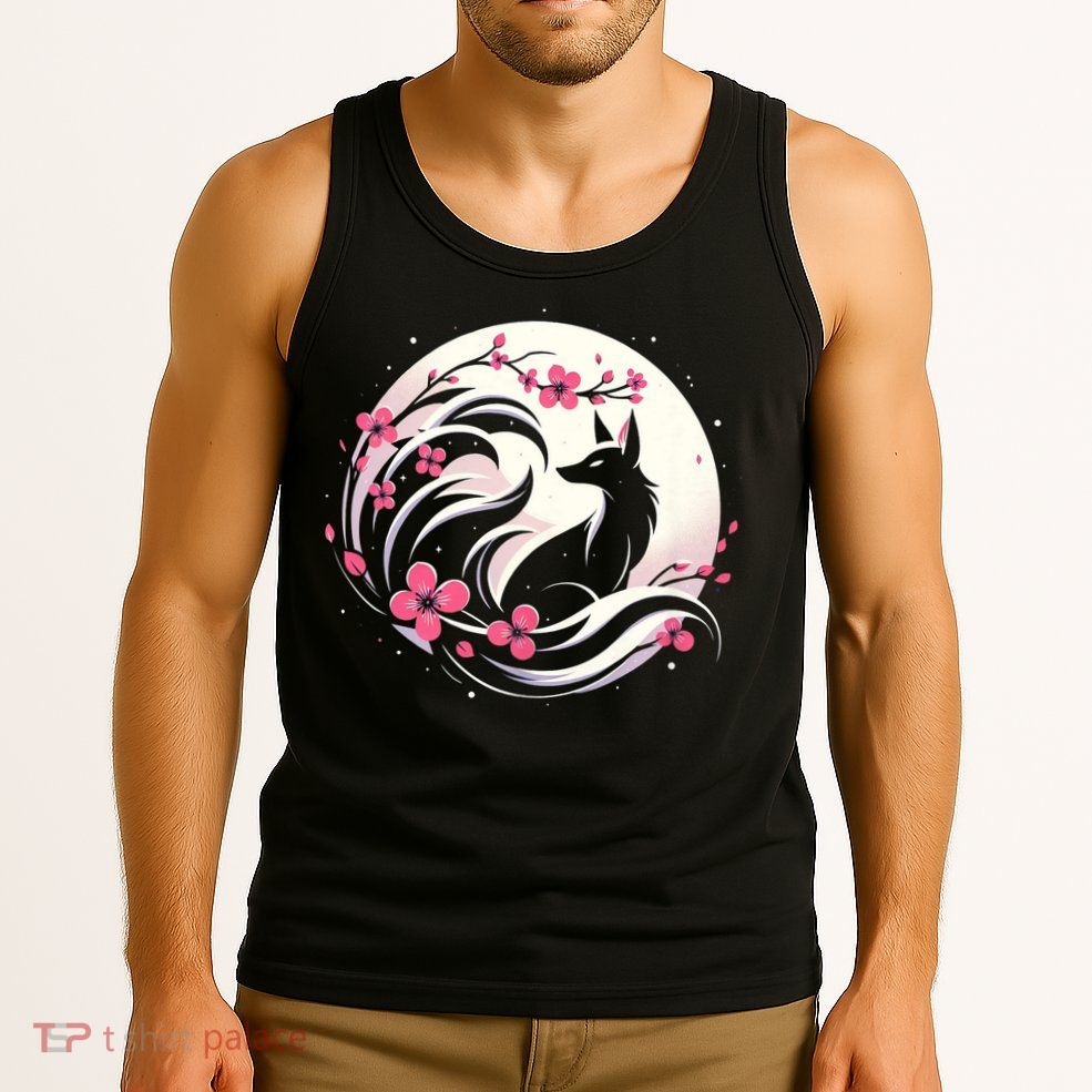 Kitsune Fox Cherry Blossom Flowers Japanese Nine Tailed Fox Tank Top