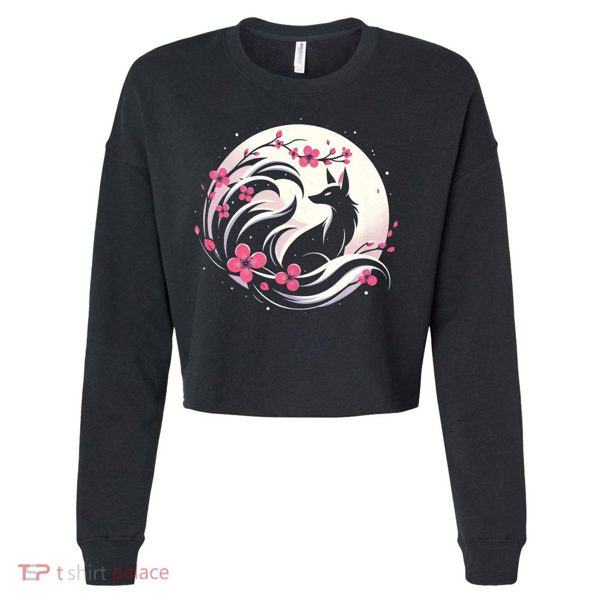Kitsune Fox Cherry Blossom Flowers Japanese Nine Tailed Fox Cropped Pullover Crew