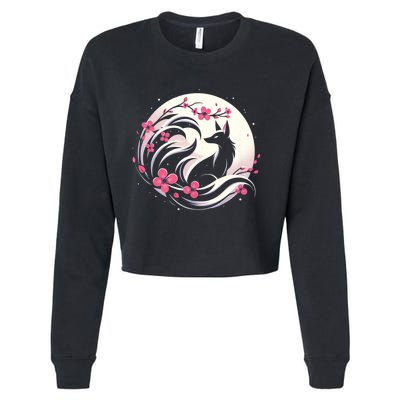 Kitsune Fox Cherry Blossom Flowers Japanese Nine Tailed Fox Cropped Pullover Crew