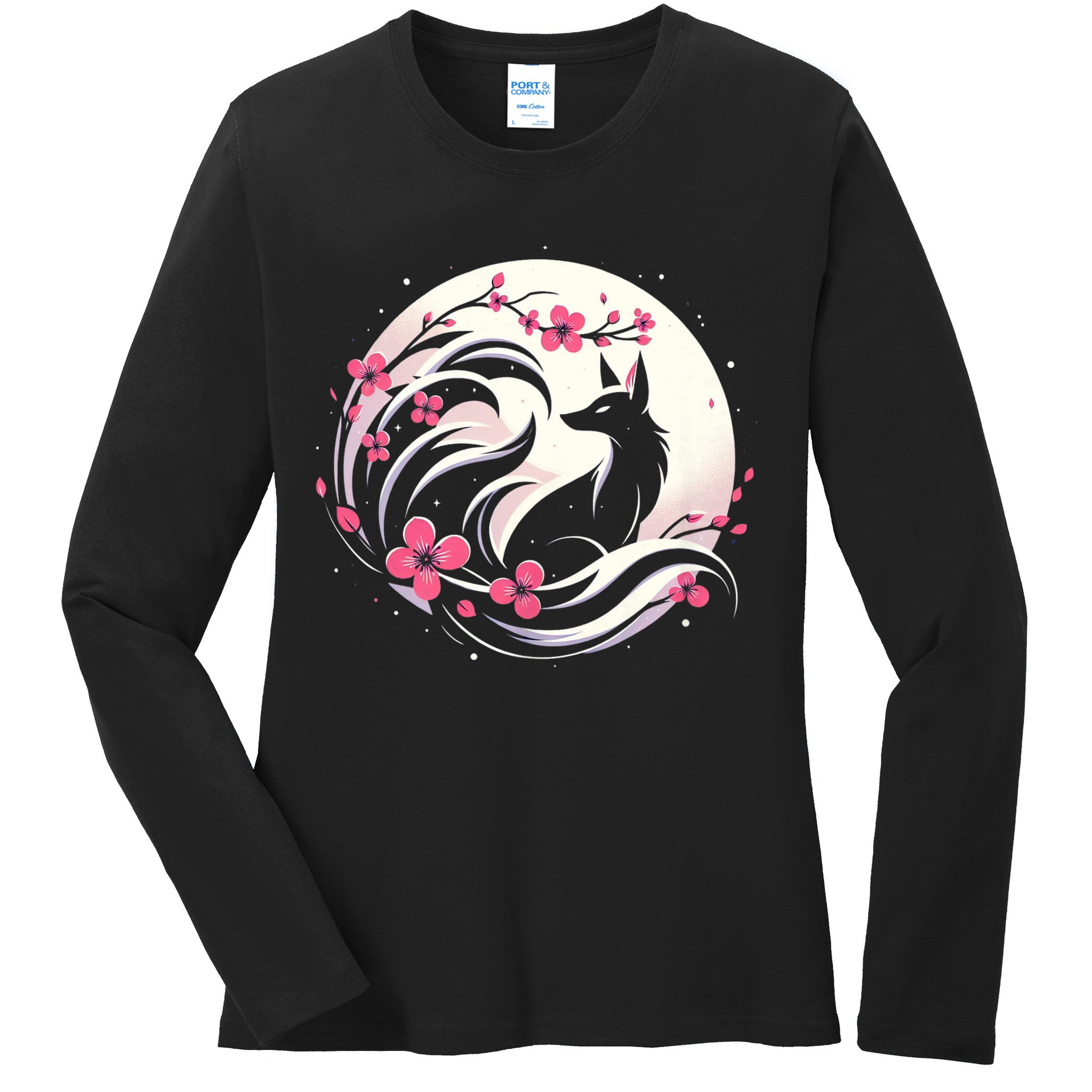 Kitsune Fox Cherry Blossom Flowers Japanese Nine Tailed Fox Ladies Long Sleeve Shirt