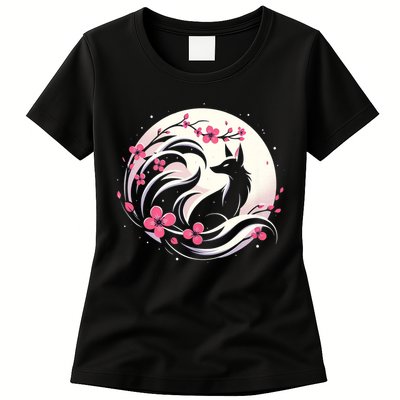 Kitsune Fox Cherry Blossom Flowers Japanese Nine Tailed Fox Womens T-Shirt