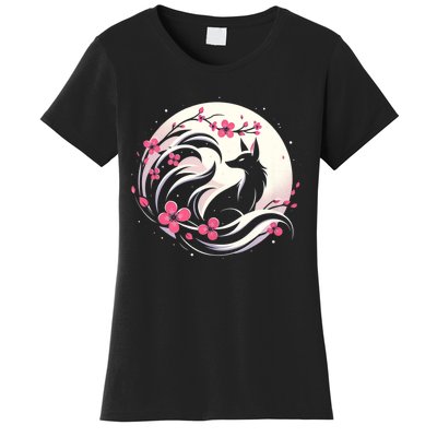 Kitsune Fox Cherry Blossom Flowers Japanese Nine Tailed Fox Women's T-Shirt