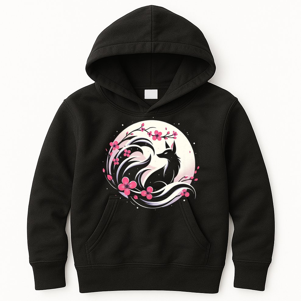 Kitsune Fox Cherry Blossom Flowers Japanese Nine Tailed Fox Kids Hoodie