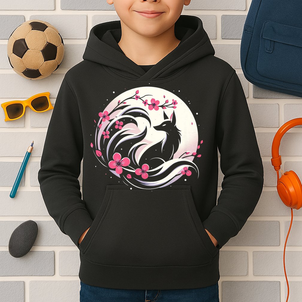 Kitsune Fox Cherry Blossom Flowers Japanese Nine Tailed Fox Kids Hoodie
