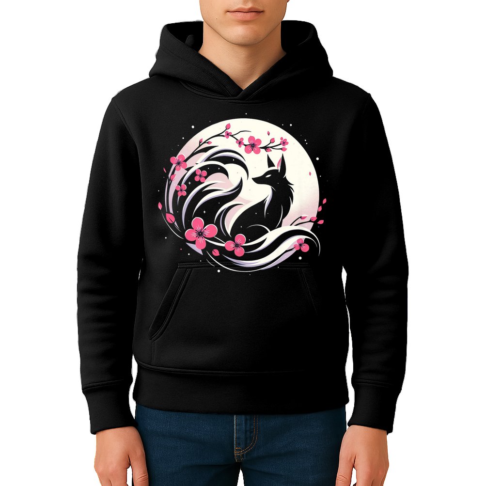Kitsune Fox Cherry Blossom Flowers Japanese Nine Tailed Fox Kids Hoodie