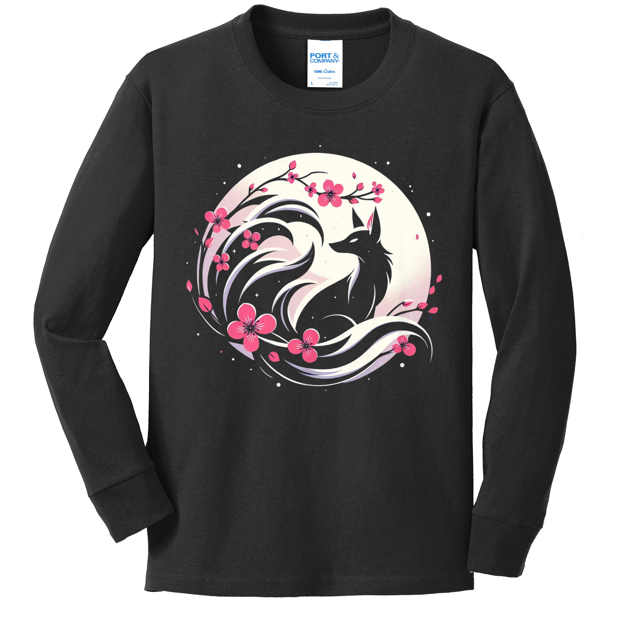 Kitsune Fox Cherry Blossom Flowers Japanese Nine Tailed Fox Kids Long Sleeve Shirt