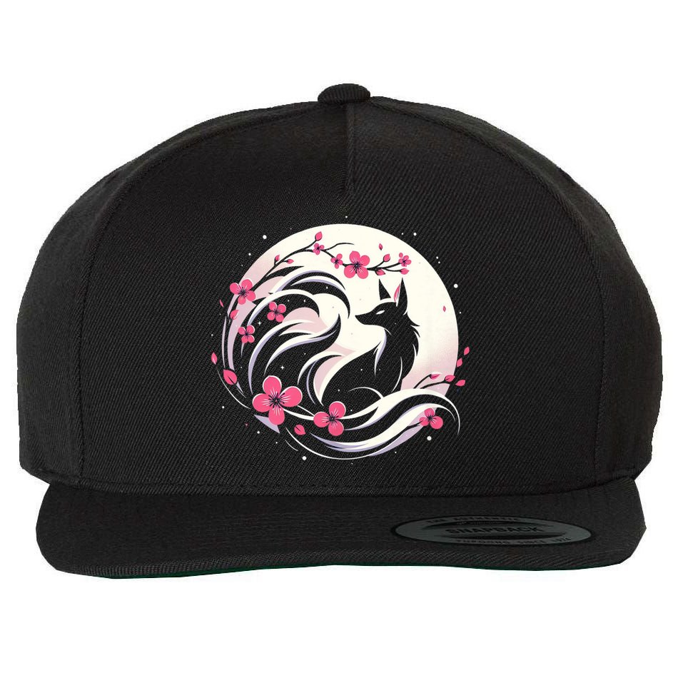 Kitsune Fox Cherry Blossom Flowers Japanese Nine Tailed Fox Wool Snapback Cap