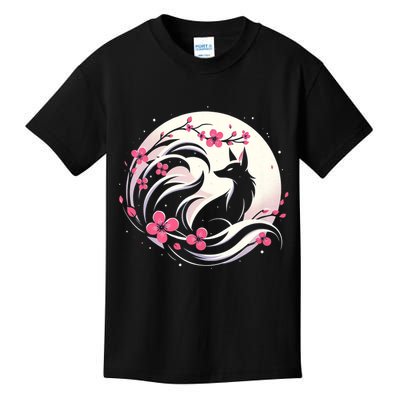 Kitsune Fox Cherry Blossom Flowers Japanese Nine Tailed Fox Kids T-Shirt
