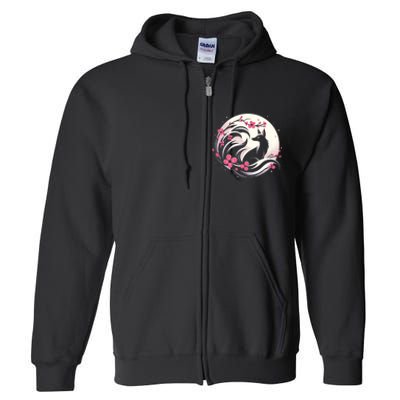 Kitsune Fox Cherry Blossom Flowers Japanese Nine Tailed Fox Full Zip Hoodie