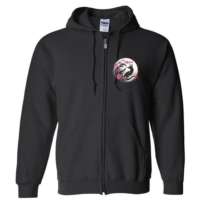Kitsune Fox Cherry Blossom Flowers Japanese Nine Tailed Fox Full Zip Hoodie