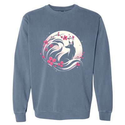 Kitsune Fox Cherry Blossom Flowers Japanese Nine Tailed Fox Garment-Dyed Sweatshirt