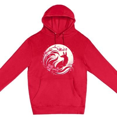 Kitsune Fox Cherry Blossom Flowers Japanese Nine Tailed Fox Premium Pullover Hoodie