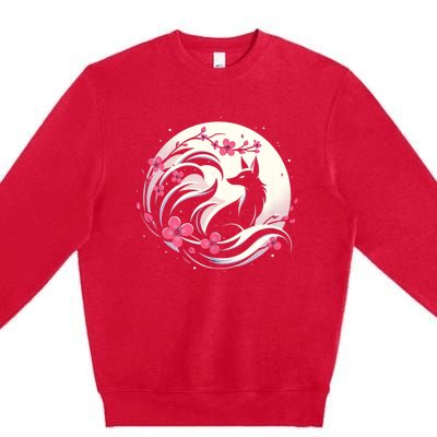 Kitsune Fox Cherry Blossom Flowers Japanese Nine Tailed Fox Premium Crewneck Sweatshirt