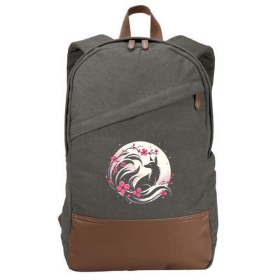 Kitsune Fox Cherry Blossom Flowers Japanese Nine Tailed Fox Cotton Canvas Backpack