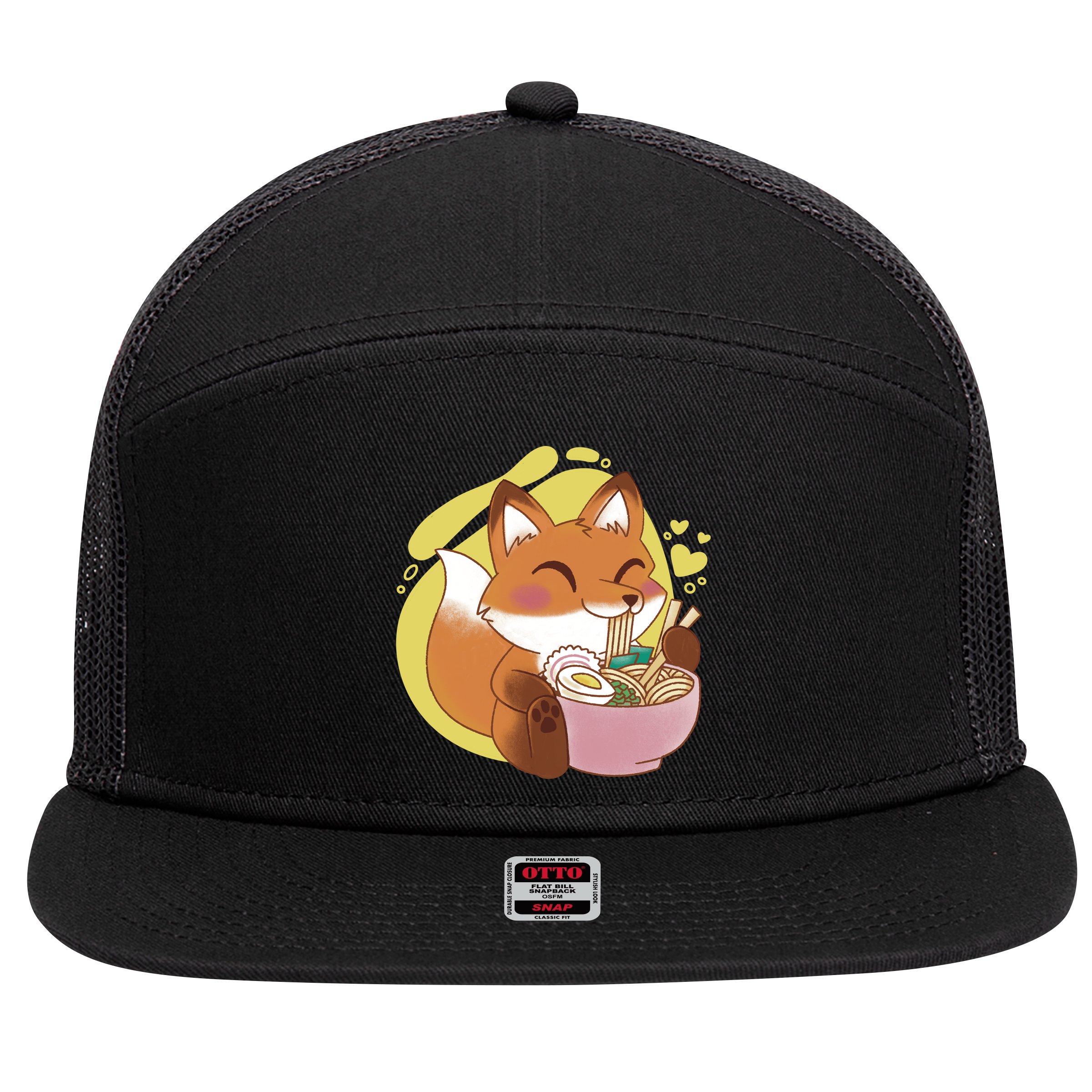 Kawaii Fox Eating Ramen 7 Panel Mesh Trucker Snapback Hat