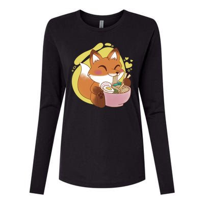 Kawaii Fox Eating Ramen Womens Cotton Relaxed Long Sleeve T-Shirt