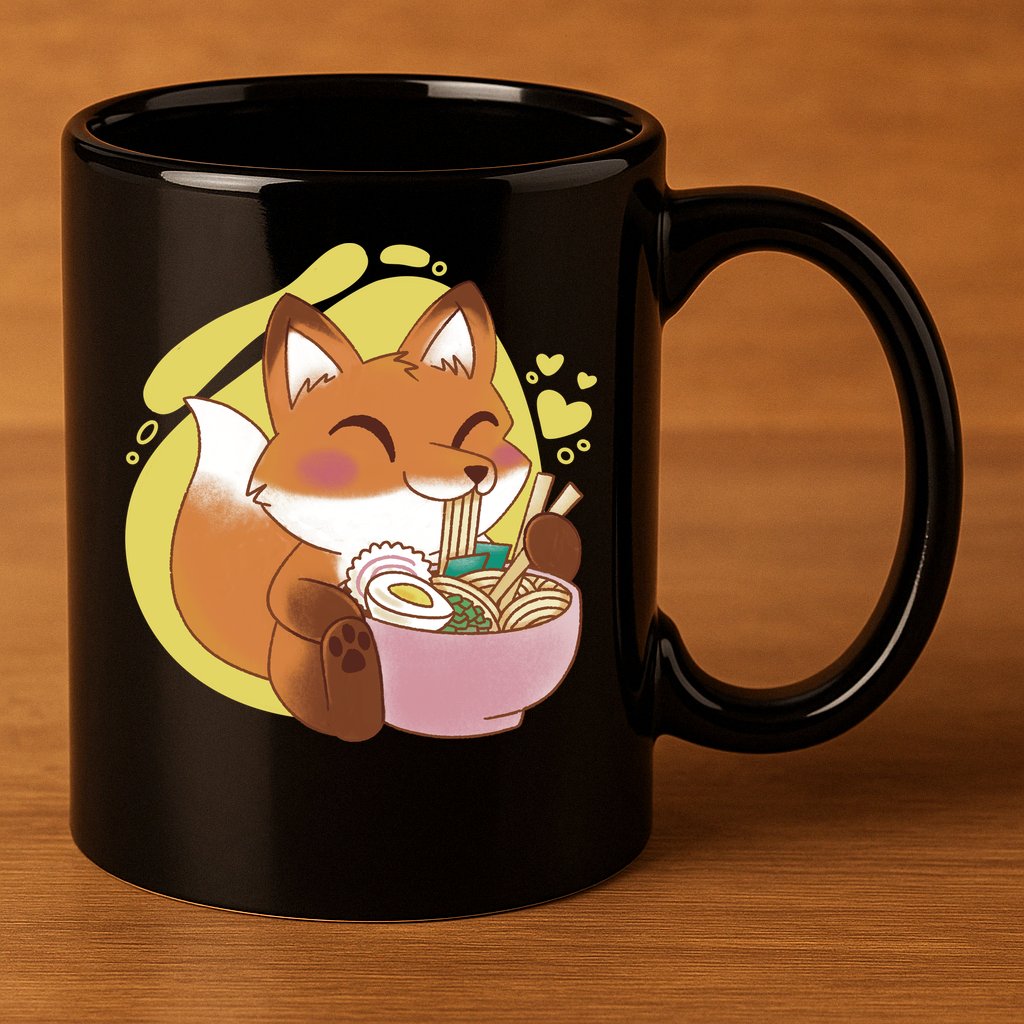 Kawaii Fox Eating Ramen 11oz C Handle Ceramic Mug