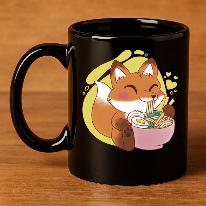 Kawaii Fox Eating Ramen 11oz C Handle Ceramic Mug