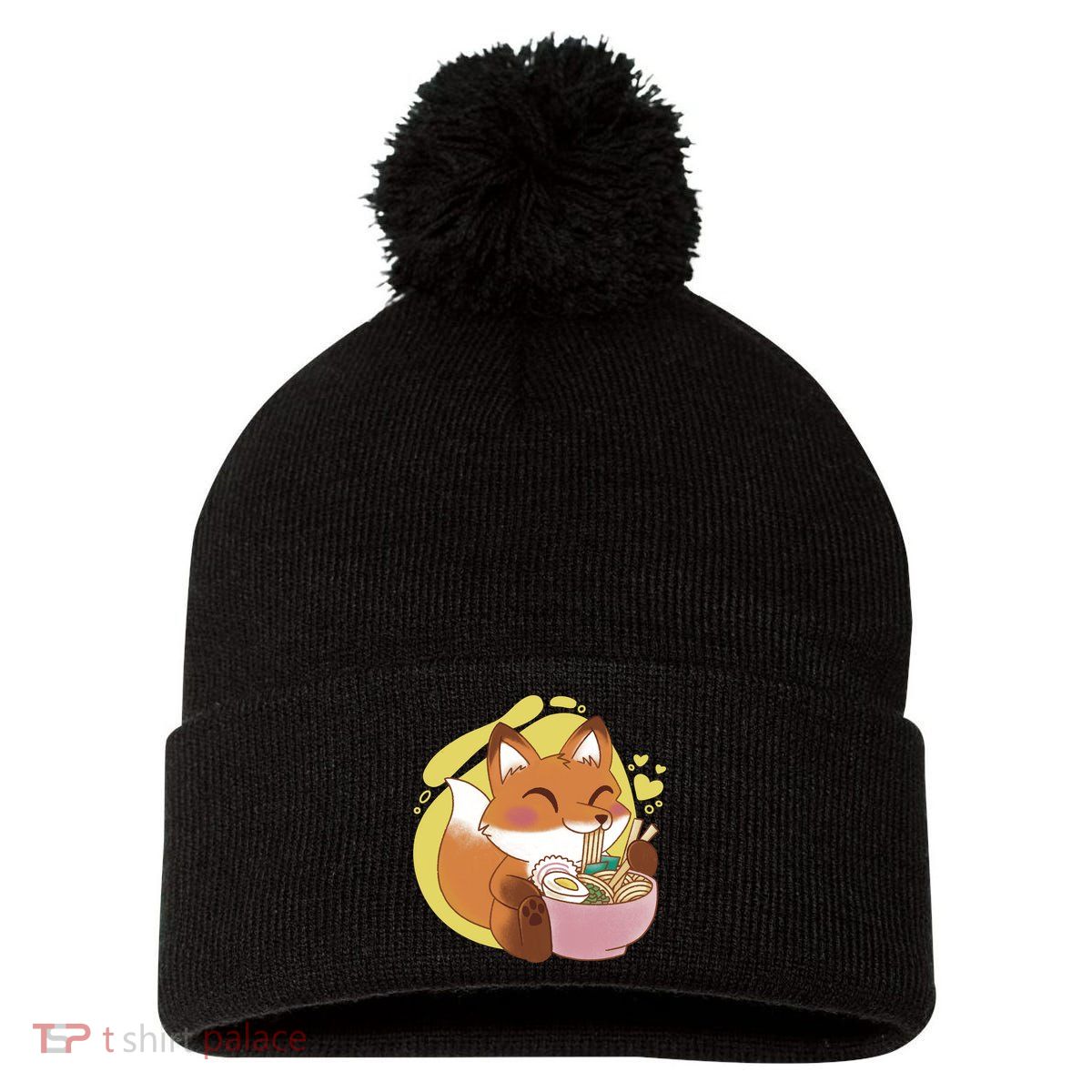 Kawaii Fox Eating Ramen Pom Pom 12in Knit Beanie
