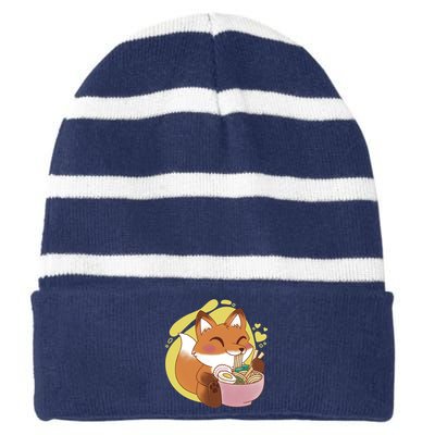 Kawaii Fox Eating Ramen Striped Beanie with Solid Band