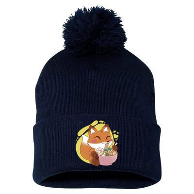 Kawaii Fox Eating Ramen Pom Pom 12in Knit Beanie