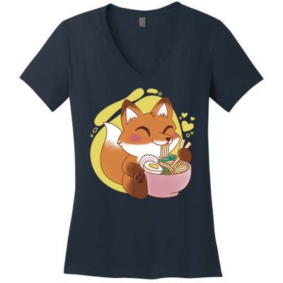 Kawaii Fox Eating Ramen Women's V-Neck T-Shirt