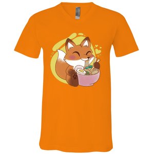 Kawaii Fox Eating Ramen V-Neck T-Shirt