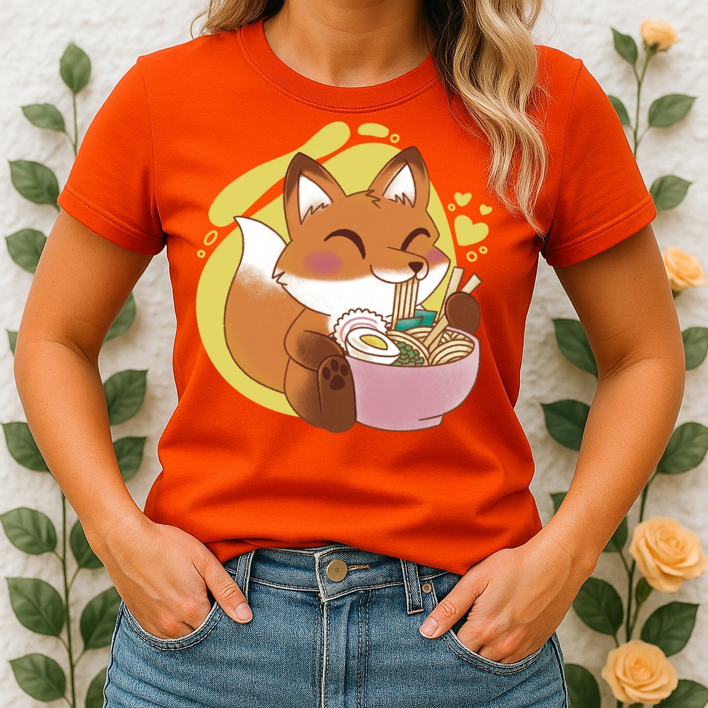 Kawaii Fox Eating Ramen Womens T-Shirt