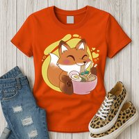 Kawaii Fox Eating Ramen Womens T-Shirt