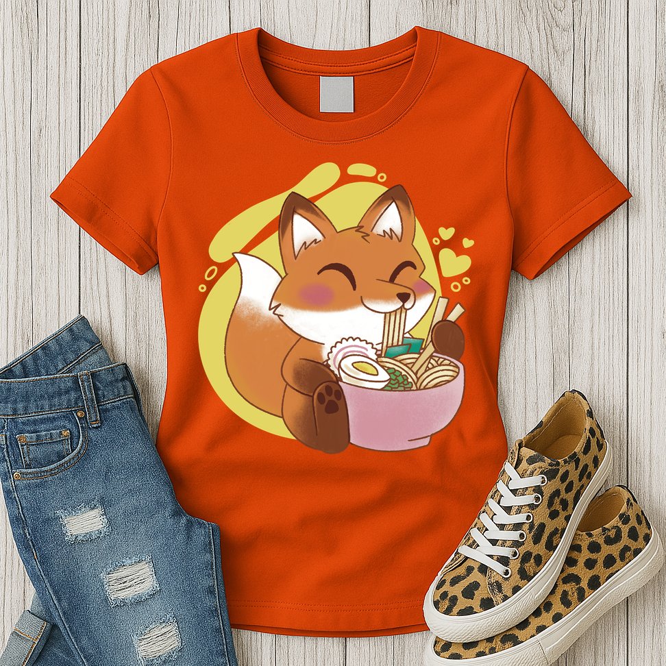Kawaii Fox Eating Ramen Womens T-Shirt