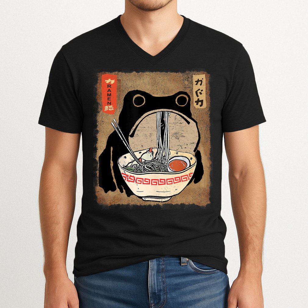 Kawaii Frog Eating Ramen Japanese Food Anime Teen V-Neck T-Shirt