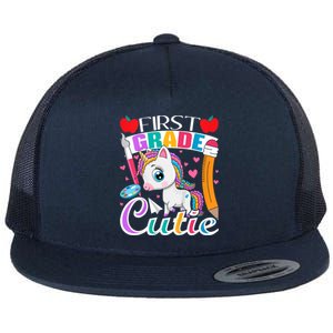 Kids First Grade Cutie First Day Of School Student Unicorn Flat Bill Trucker Hat