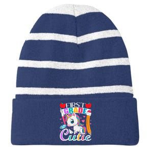 Kids First Grade Cutie First Day Of School Student Unicorn Striped Beanie with Solid Band