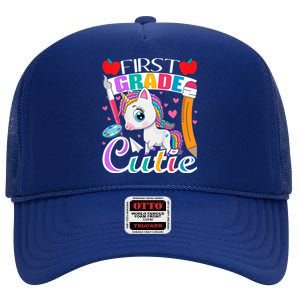 Kids First Grade Cutie First Day Of School Student Unicorn High Crown Mesh Back Trucker Hat