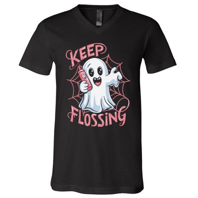 Keep Flossing Ghost Groovy Dental Hygiene Halloween Crew V-Neck T-Shirt