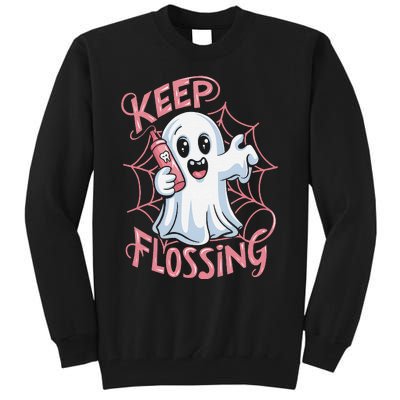 Keep Flossing Ghost Groovy Dental Hygiene Halloween Crew Tall Sweatshirt