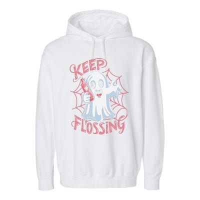 Keep Flossing Ghost Groovy Dental Hygiene Halloween Crew Garment-Dyed Fleece Hoodie