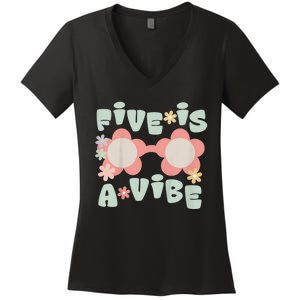 K.i.d.s Five Is A Vibe Birthday Party Decorations 5th Bday Groovy Women's V-Neck T-Shirt