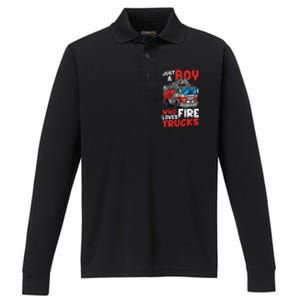 Kids Firefighter Just A Boy Who Loves Fire Trucks Performance Long Sleeve Polo