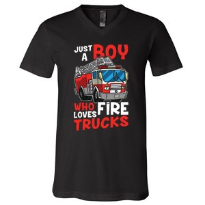 Kids Firefighter Just A Boy Who Loves Fire Trucks V-Neck T-Shirt