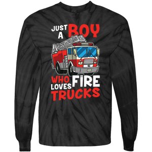 Kids Firefighter Just A Boy Who Loves Fire Trucks Tie-Dye Long Sleeve Shirt