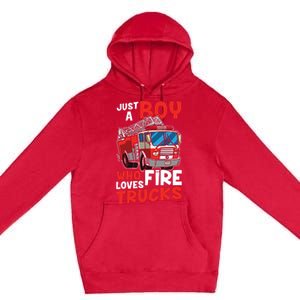 Kids Firefighter Just A Boy Who Loves Fire Trucks Premium Pullover Hoodie