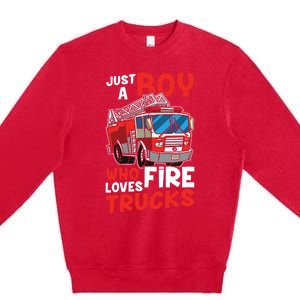 Kids Firefighter Just A Boy Who Loves Fire Trucks Premium Crewneck Sweatshirt