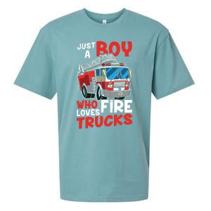 Kids Firefighter Just A Boy Who Loves Fire Trucks Sueded Cloud Jersey T-Shirt