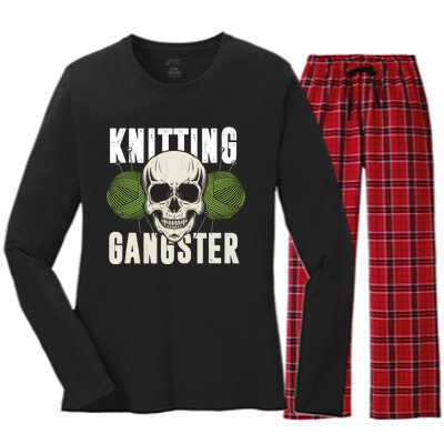 Knitting Funny Knitting Gangster Quote Knitting Lover Women's Long Sleeve Flannel Pajama Set 