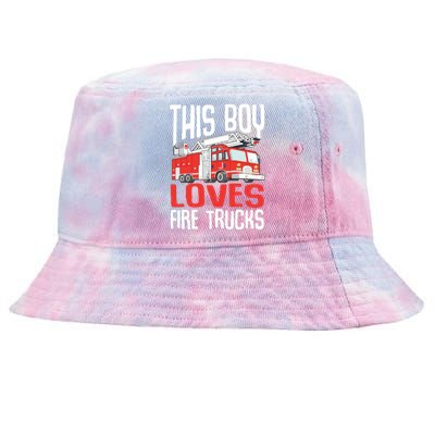 Kids Firefighter Kids Funny This Boy Loves Fire Trucks Tie-Dyed Bucket Hat