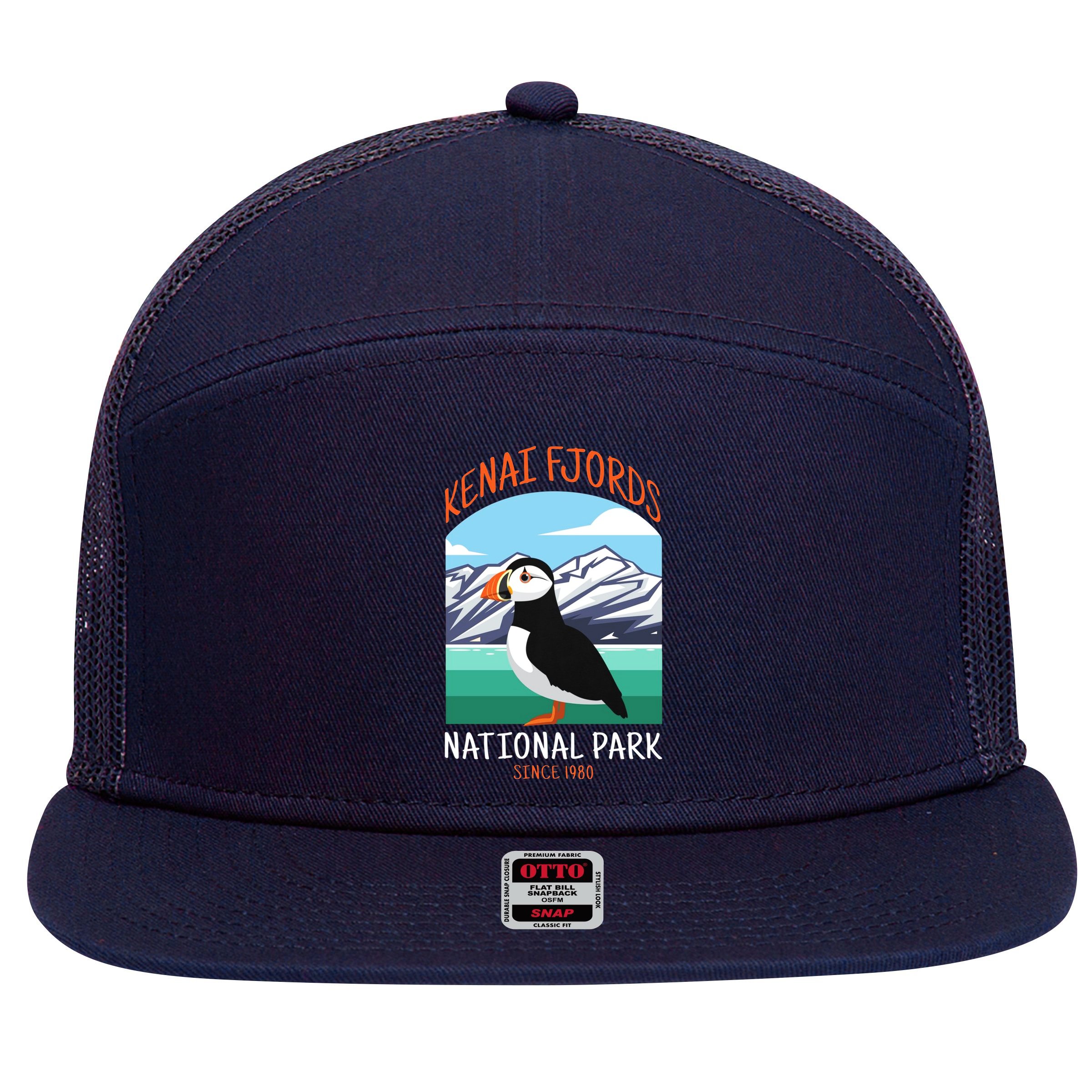 Kenai Fjords National Park Us Puffin Bird Alaska 7 Panel Mesh Trucker Snapback Hat