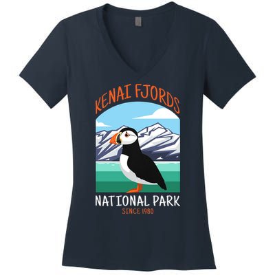 Kenai Fjords National Park Us Puffin Bird Alaska Women's V-Neck T-Shirt